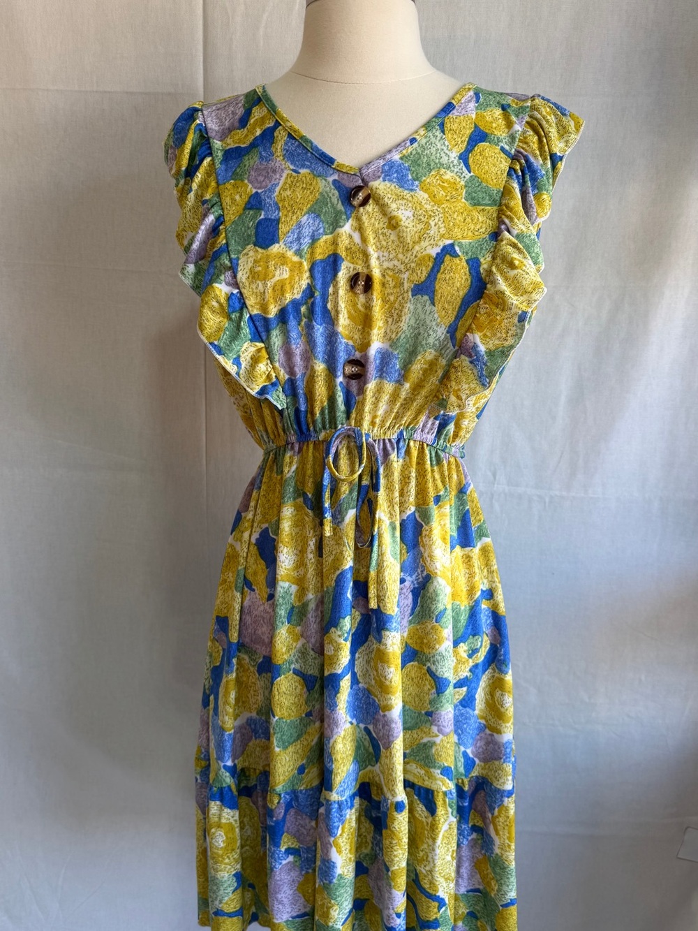Yellow Blue Floral Midi Dress with Ruffle Sleeves